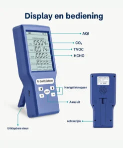 Nederlandse uitleg van het display, AQI, CO2, TVOC, HCHO, knoppen en uitklapbare steun