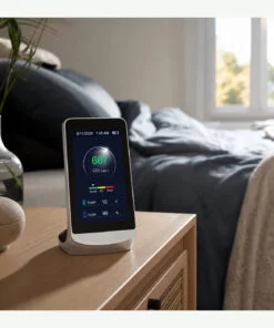 Sfeerbeeld van de CO2 meter op een nachtkastje in een slaapkamer