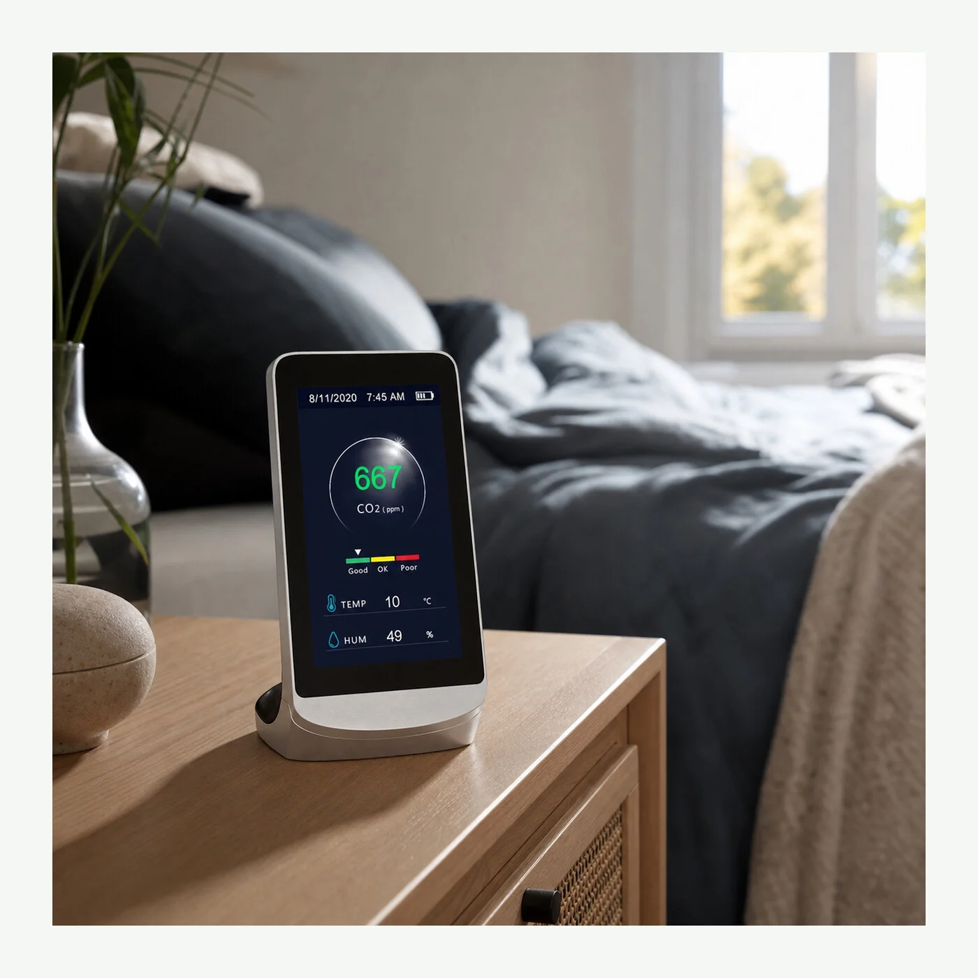 Sfeerbeeld van de CO2 meter op een nachtkastje in een slaapkamer