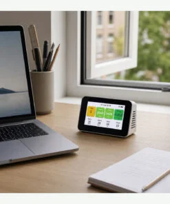 Sfeerbeeld van de luchtkwaliteitsmeter op een bureau bij een open raam