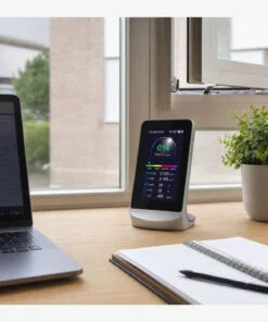 Sfeerbeeld van de Uniqly Air Premium meter naast een laptop en open raam