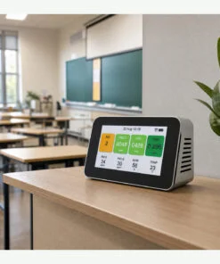 Sfeerbeeld van de luchtkwaliteitsmeter op ademhoogte in een klaslokaal