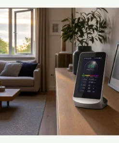 Sfeerbeeld van de Uniqly Air Premium meter op een kast in een woonkamer