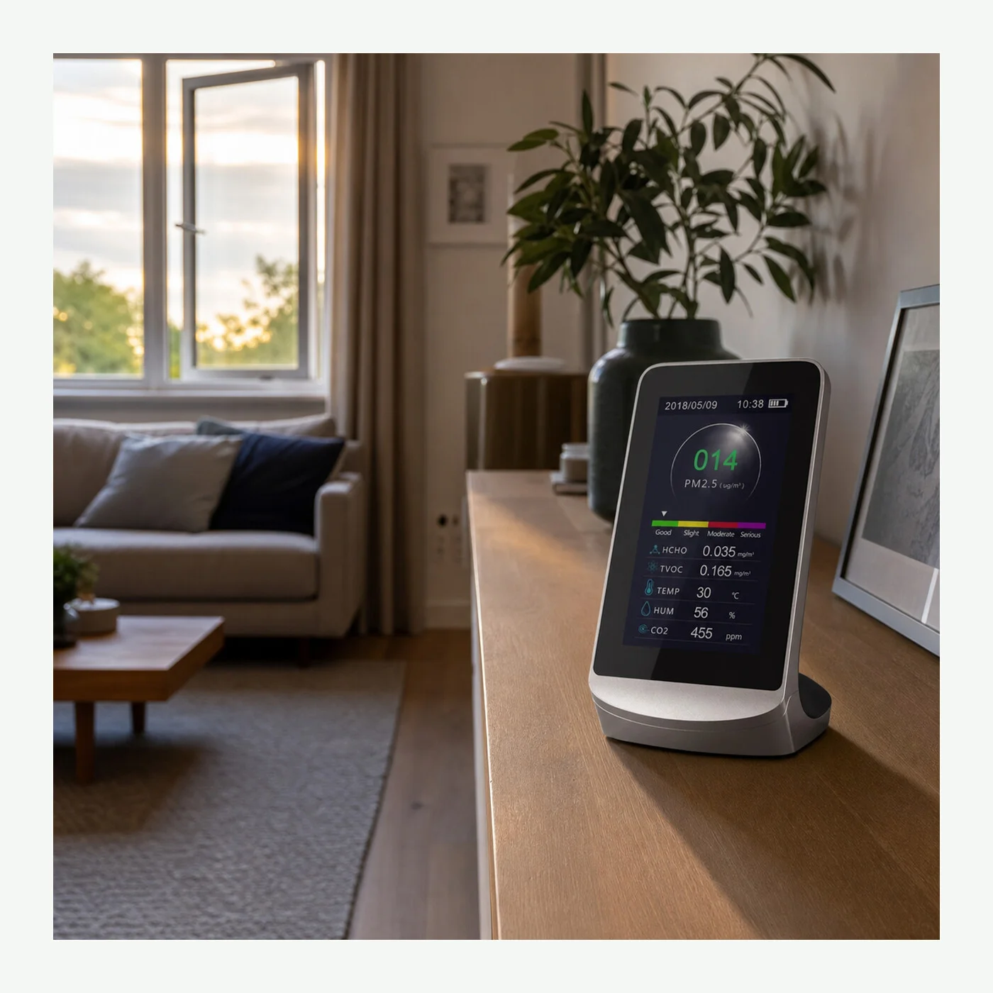 Sfeerbeeld van de Uniqly Air Premium meter op een kast in een woonkamer