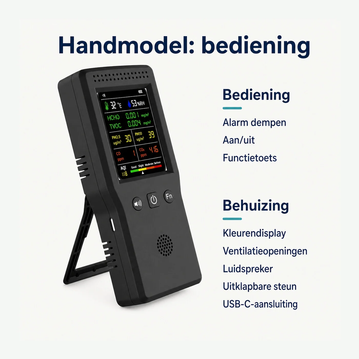 Nederlandse uitleg van bediening en behuizing van het zwarte handmodel