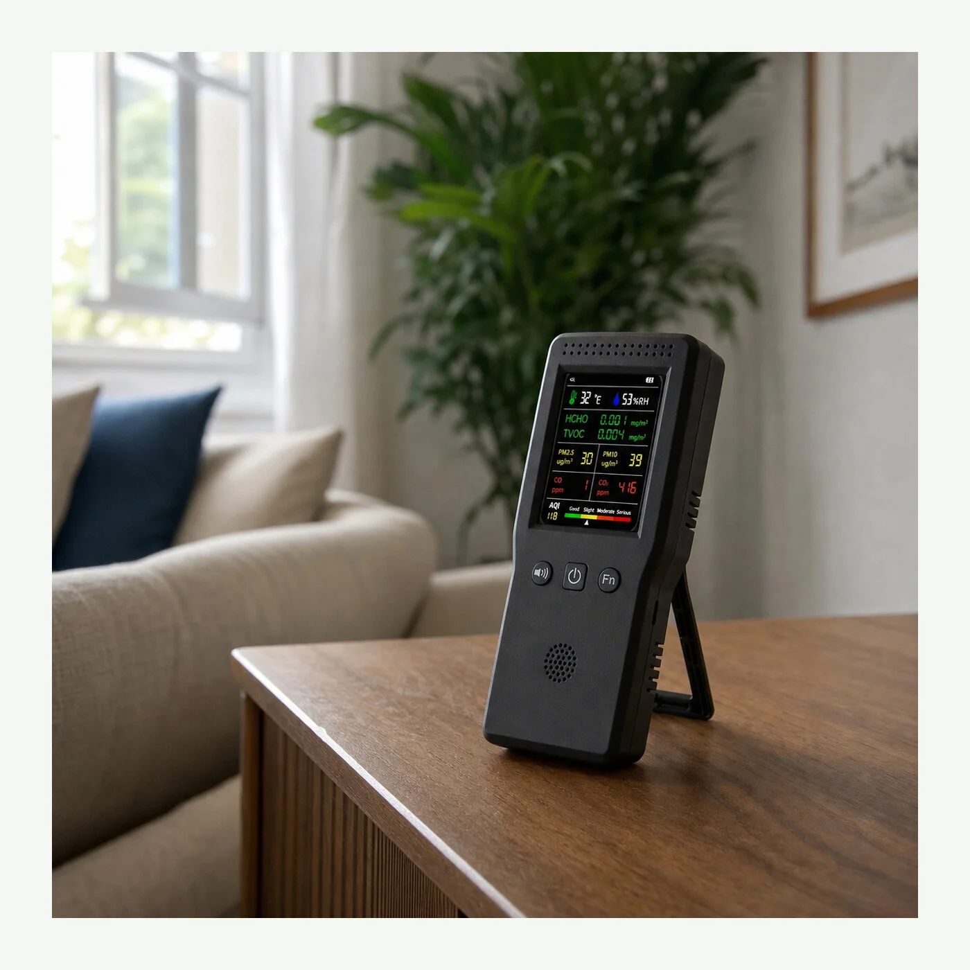 Sfeerbeeld van het zwarte handmodel op een kast in de woonkamer