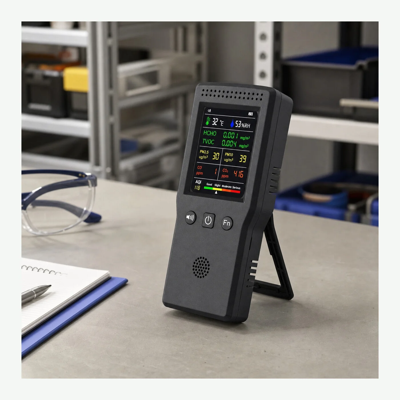 Sfeerbeeld van het zwarte handmodel op een technische werkplek