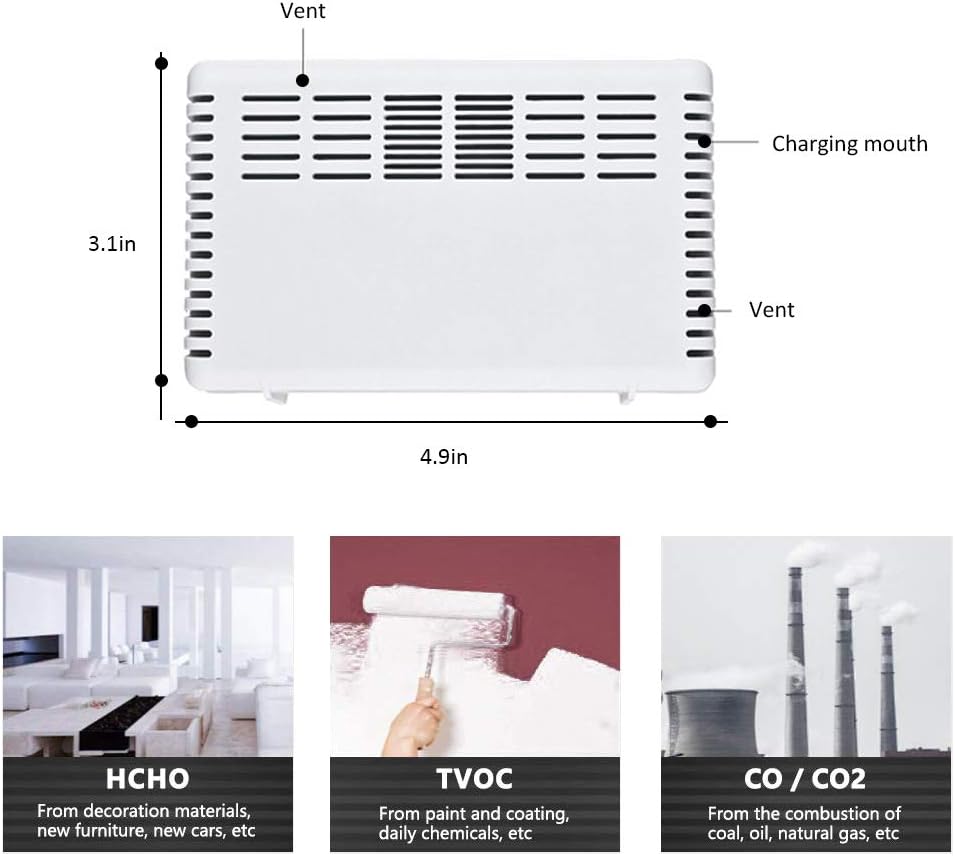 CO2-meter, luchtkwaliteitsmeter CO2, HCHO, TVOC en luchtkwaliteitsindex AQI melder, luchtkwaliteitsmeter voor thuis, kantoor en onderweg, luchtmeter (wit)