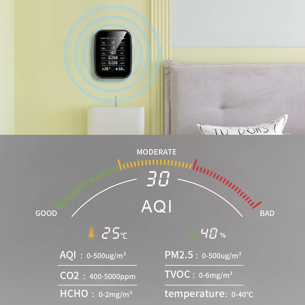 Frunimall Binnenluchtkwaliteitssensor voor AQI/PM2.5/CO2/HCHO/TVOC-detector met vochtigheid/temperatuur-/tijd-/kalenderweergave, app-besturing (zwart)