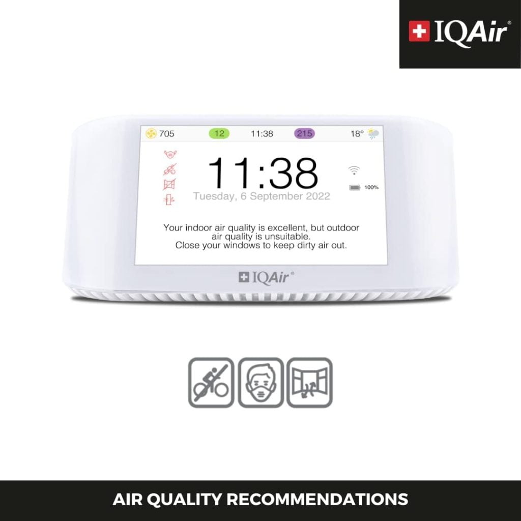 IQAir binnenluchtkwaliteitsmeter [PM2.5 fijnstof, CO2-meter met CO2-stoplicht, AQI, temperatuur-,weerstandsmeter], slanke luchtkwaliteitsmeter [Wi-Fi,WLAN, app, 5display (12,7cm)] (AirVisual Indoor)