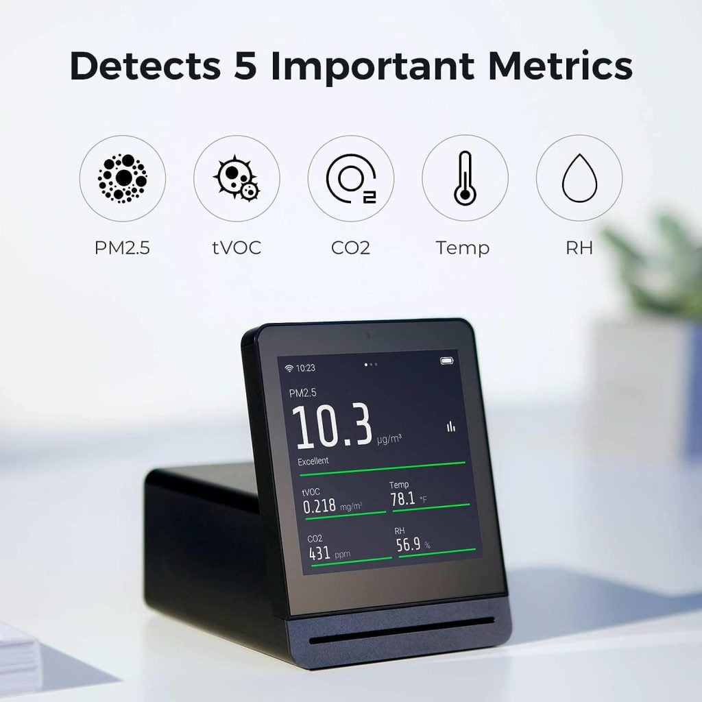 Qingping Luchtmonitor, Indoor Air Quality Meter Detecteert PM2.5, CO2, TVOC, Temperatuur en Vochtigheid met 328ppi IPS Touchscreen
