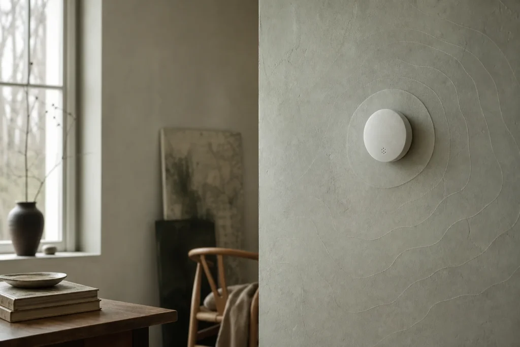 Conceptuele generieke binnenluchtsensor op ademhoogte in een rustige woonkamer