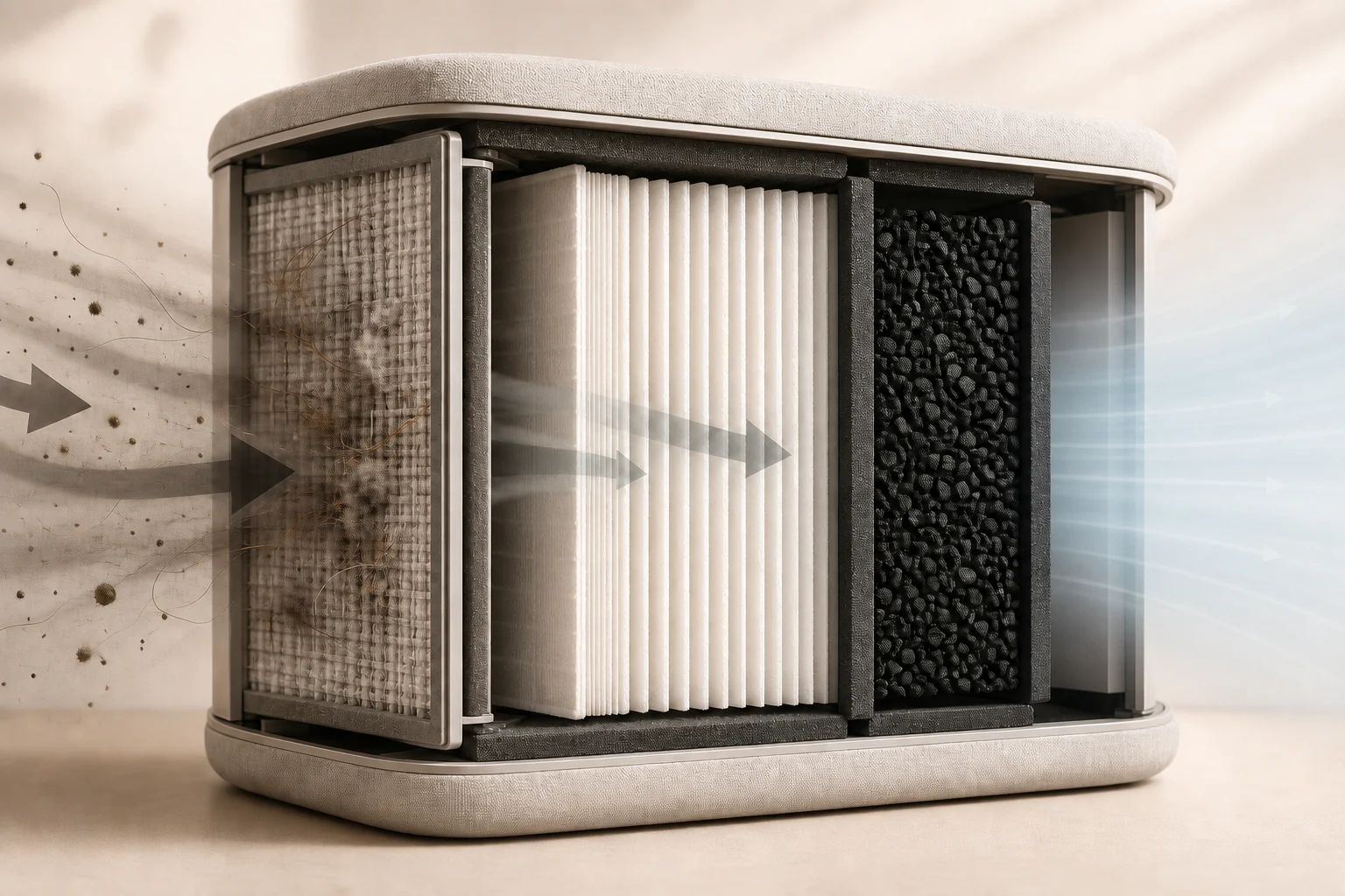Conceptuele doorsnede van voorfilter, deeltjesfilter en gasfilter met een doorlopende luchtstroom