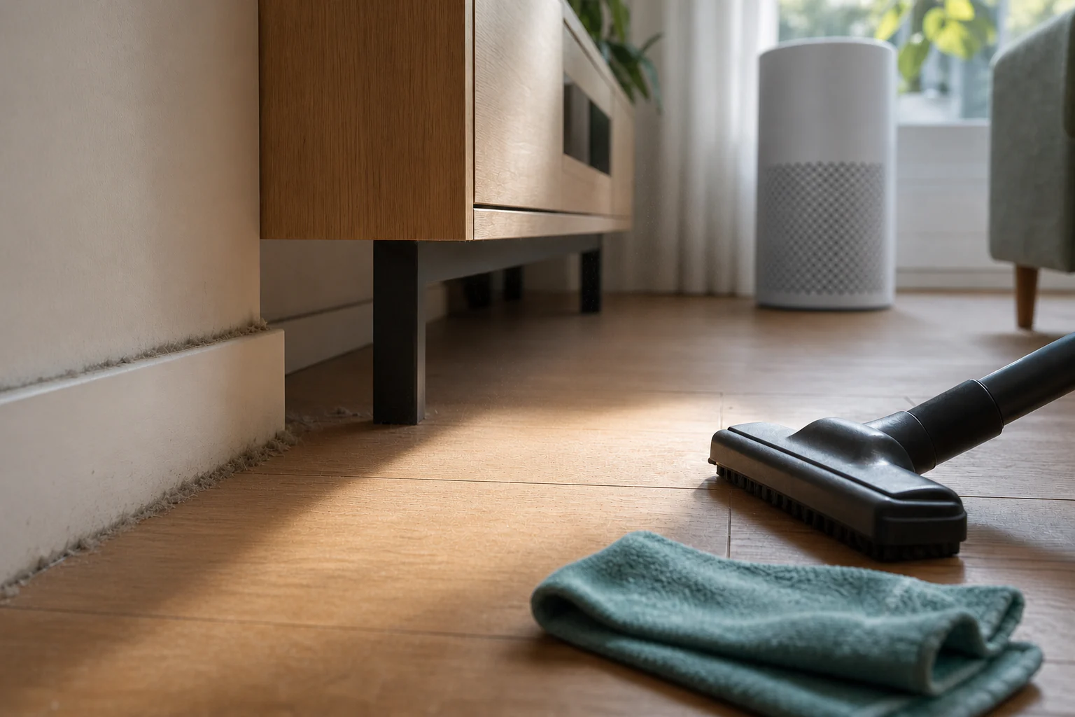 Drie stofzones in een kamer: zwevende fijne deeltjes, neergeslagen stof en een actieve stofbron