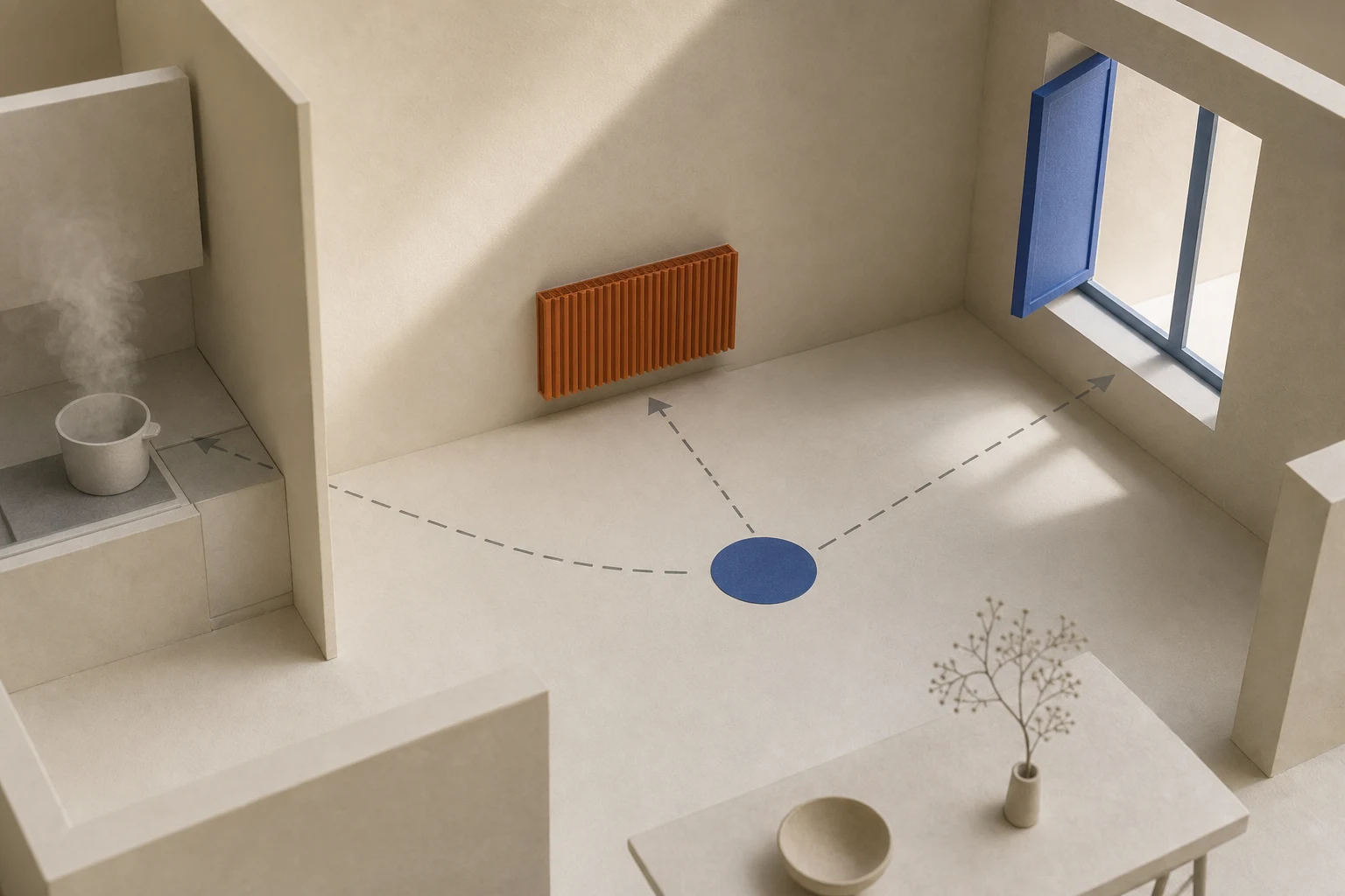 Architectonisch ruimtemodel met een centrale meetplek weg van raam, radiator en kookdamp