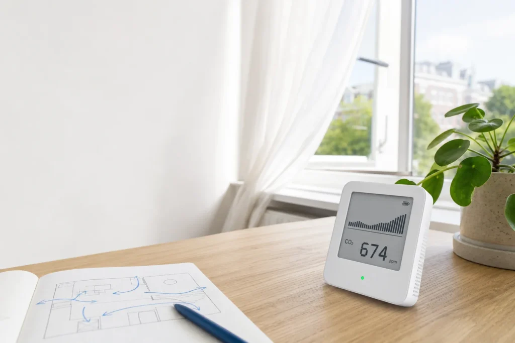 Generieke CO2-meter op een lichte houten tafel bij een open raam, met ruimteplan voor ventilatie