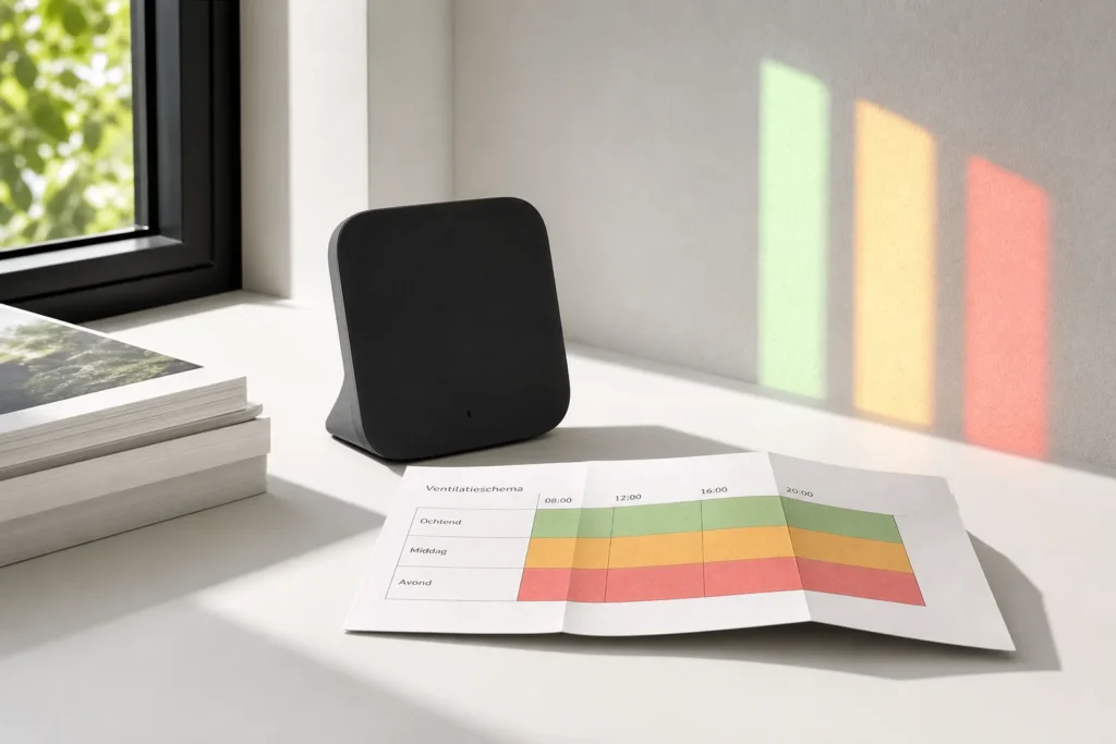 Lichte werkplek met abstracte CO2-meter en groen, amber en rood licht