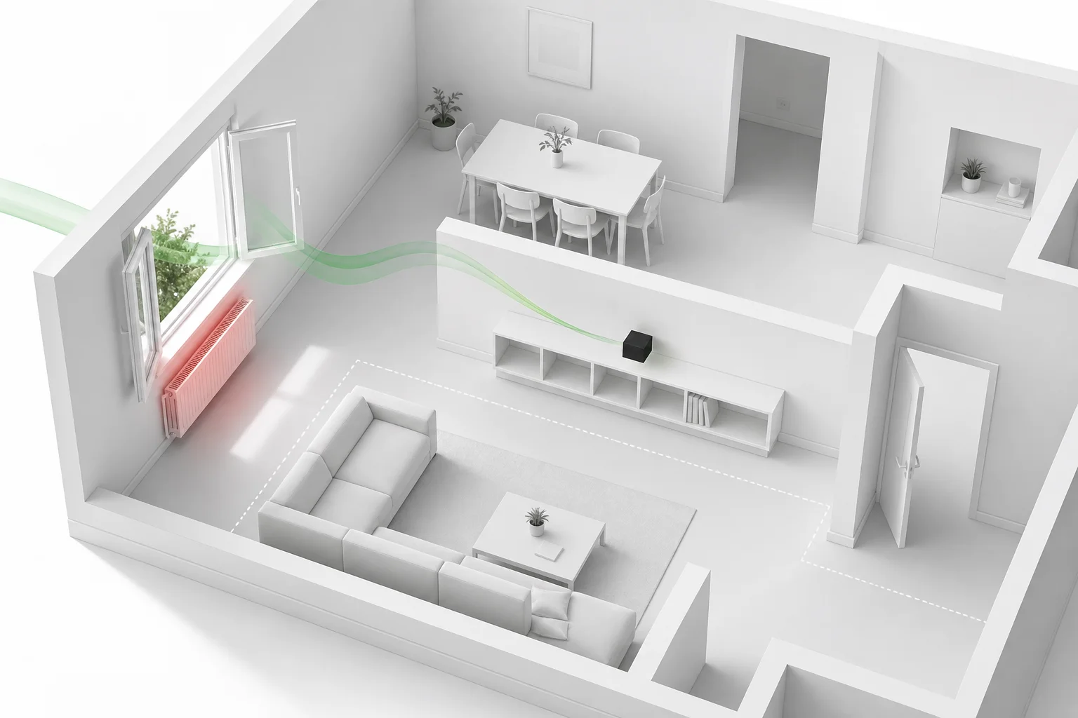 Wit ruimtemodel met centrale meetplek, open raam en radiator