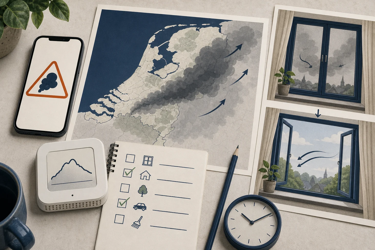 Besliswerkbank met waarschuwing, rookpluimkaart, PM-trend en gesloten of geopend raam per fase