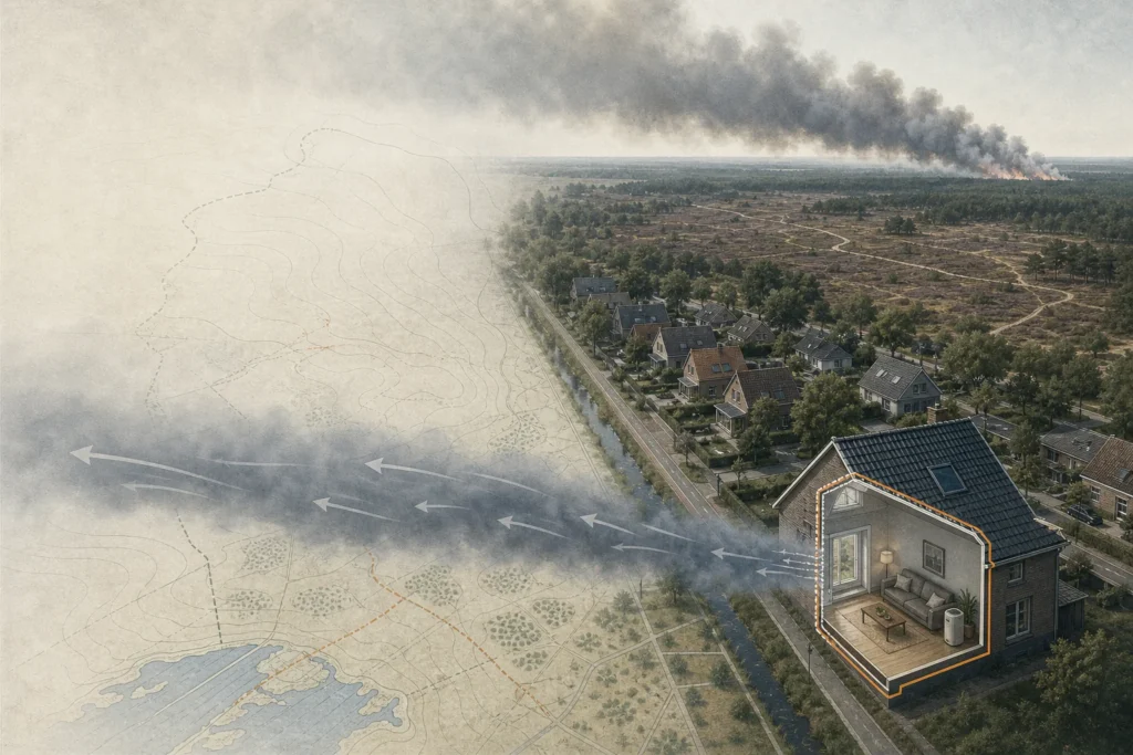 Conceptkaart met rookpluim boven Nederlands landschap en een woningdoorsnede als binnen-buitengrens