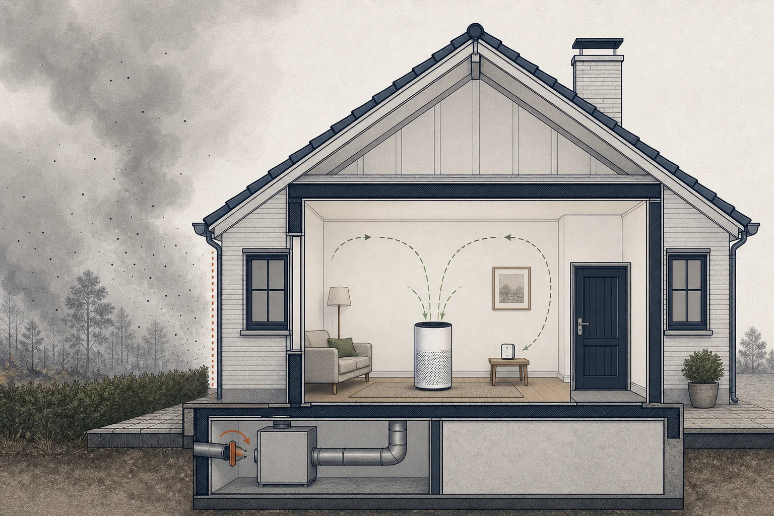 Conceptdoorsnede van een woning met gesloten ramen en deur, tijdelijk afgesloten buitenluchttoevoer en interne deeltjesfiltratie