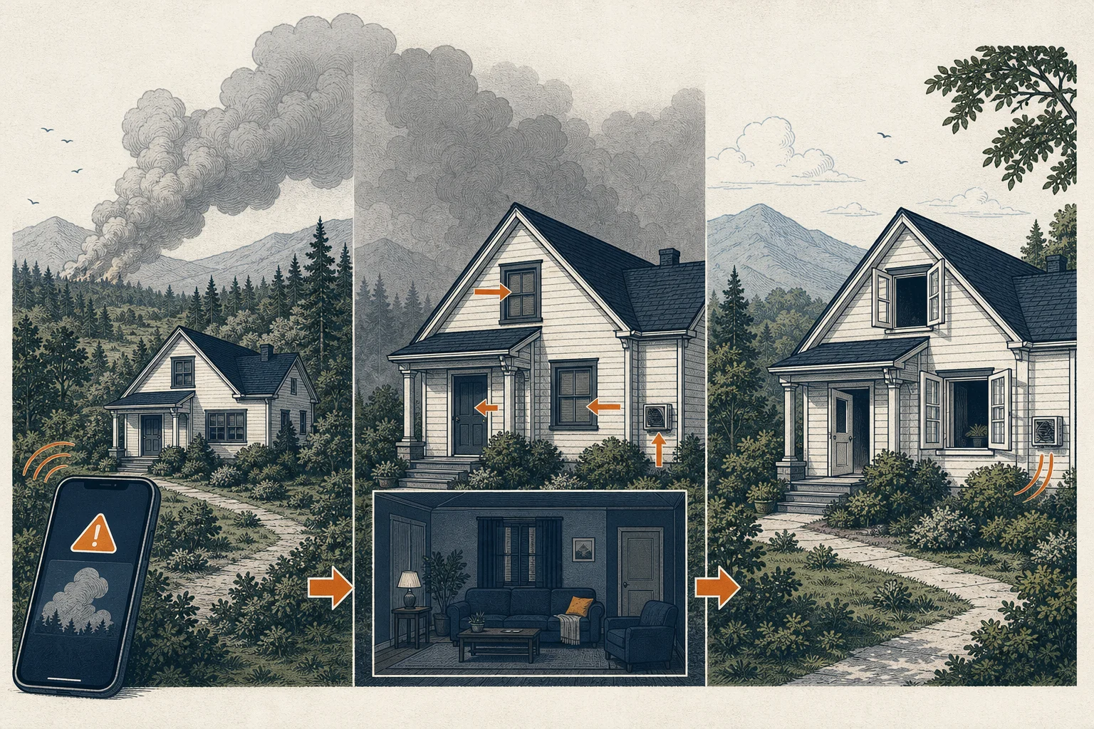 Illustratieve driestapsreeks met naderende rook, een gesloten woning en heropenen nadat de rook weg is