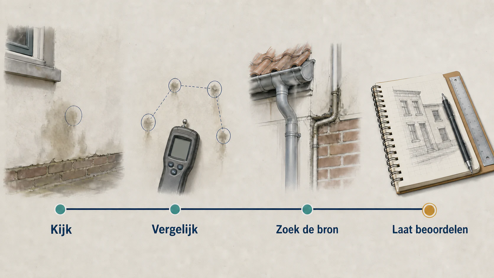 Beslisroute van vochtplek en vergelijkende meting naar broncontrole of inschakelen van een expert