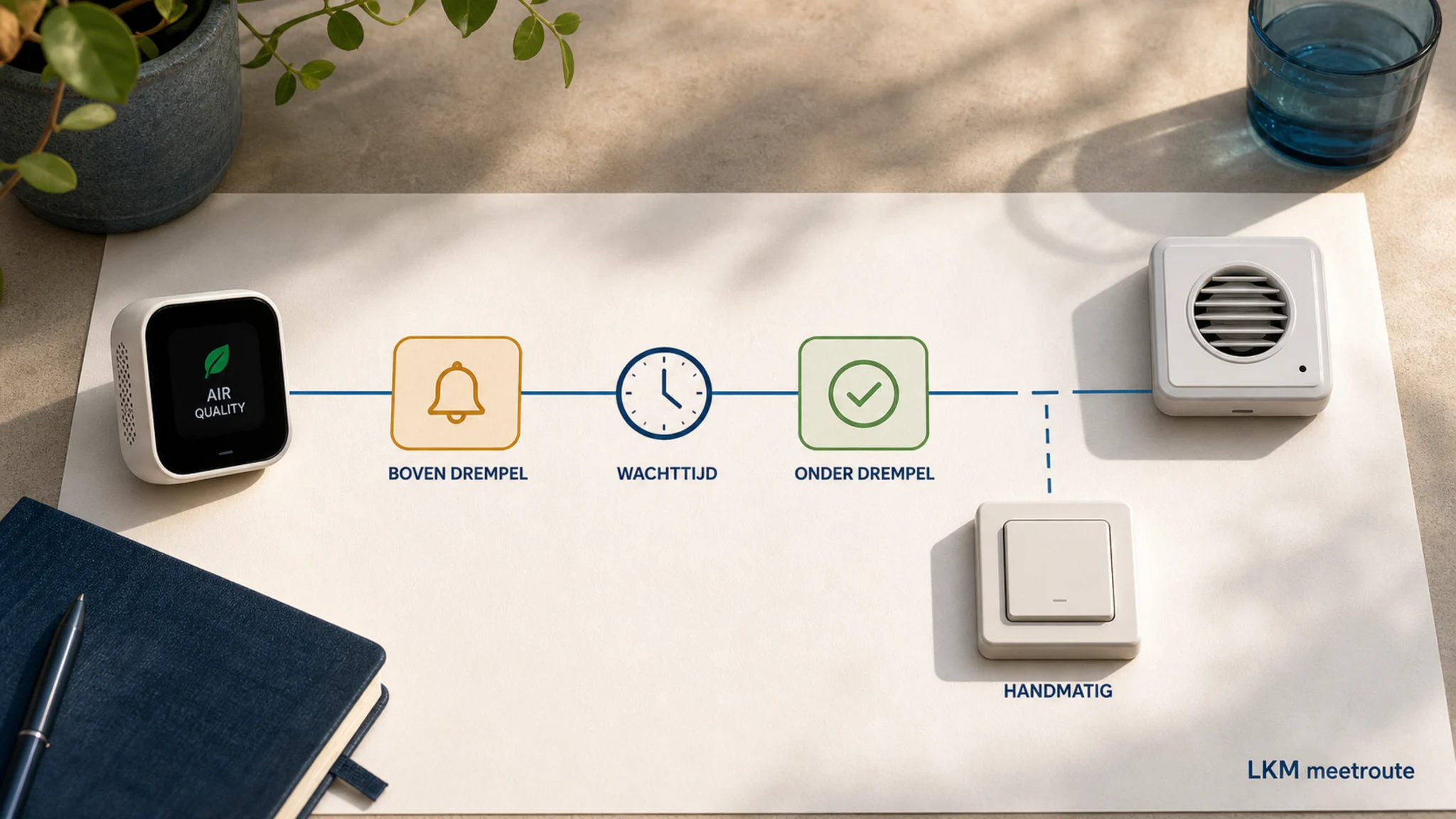 Conceptuele automationroute met bovengrens, wachttijd, ondergrens en handmatige ventilatieschakelaar