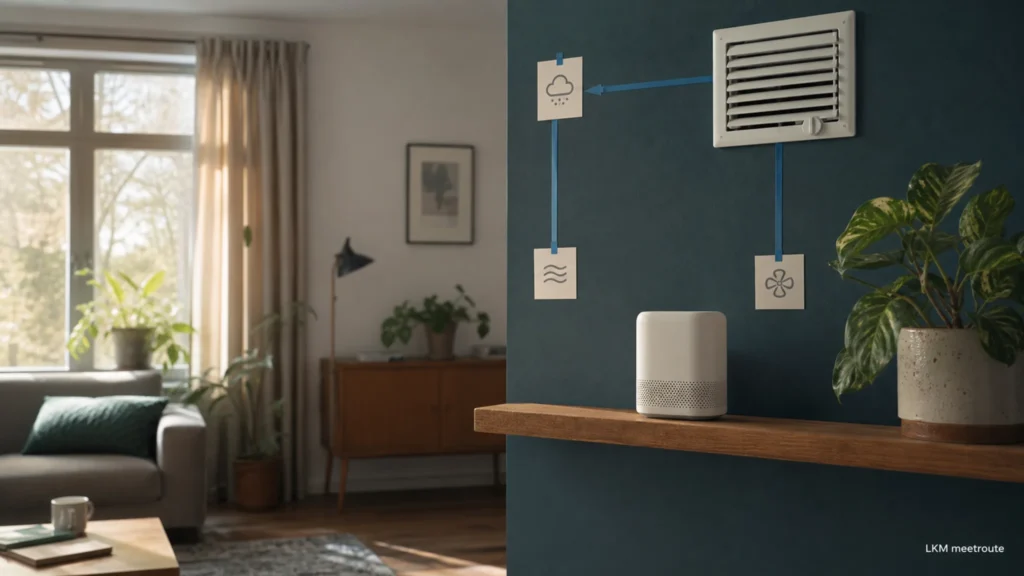 Conceptuele route tussen een generieke luchtkwaliteitsmeter en ventilatie in een Nederlandse woonkamer