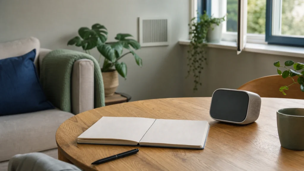 Nederlandse woonkamer met een subtiele CO2-meter en een redactionele notitie over wet en advies