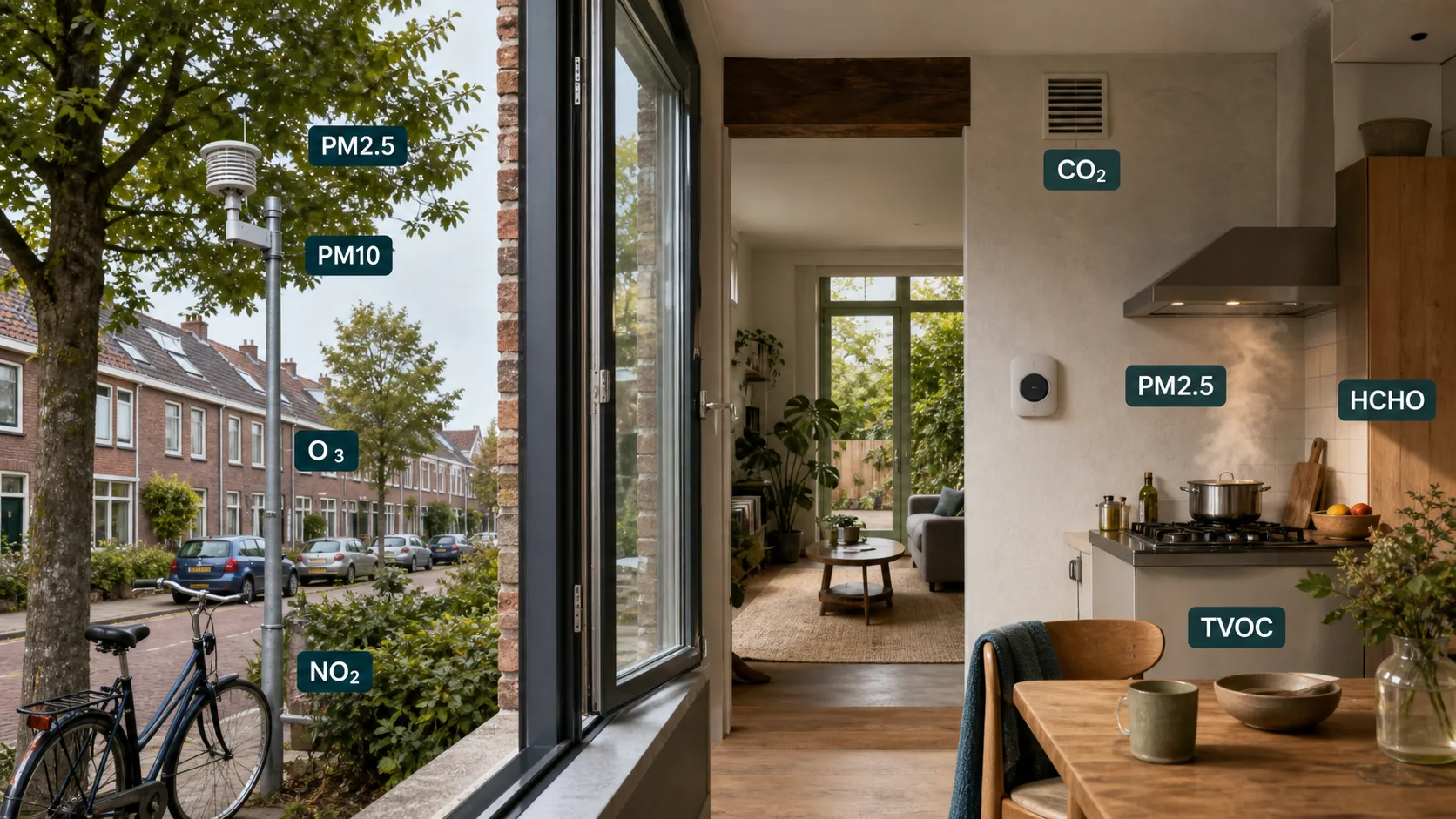 Nederlandse woning toont buiten PM2.5, PM10, ozon en NO2 tegenover binnen CO2, fijnstof, HCHO en TVOC