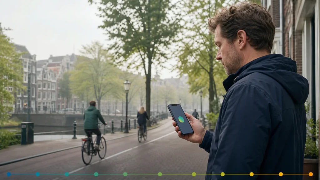 Man bekijkt de Nederlandse luchtkwaliteitsindex in een weerapp langs een rustige stadsstraat met fietsers