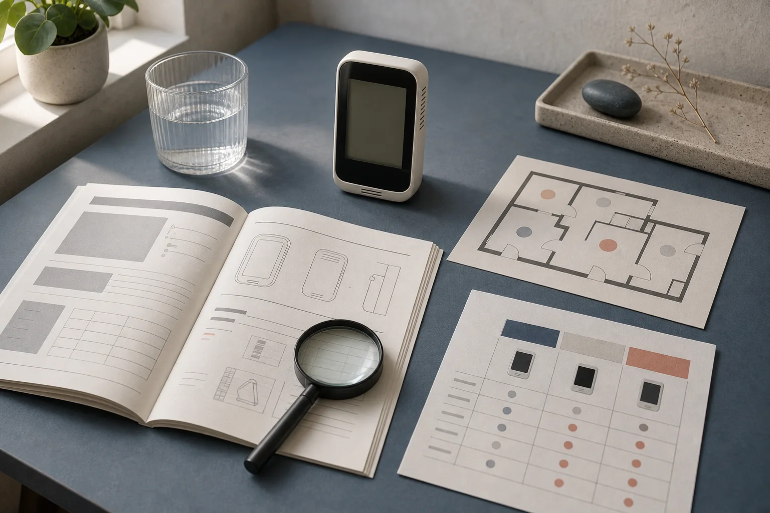 Conceptueel bewijsbureau met handleiding, vergrootglas, plattegrond en vergelijkingsblad