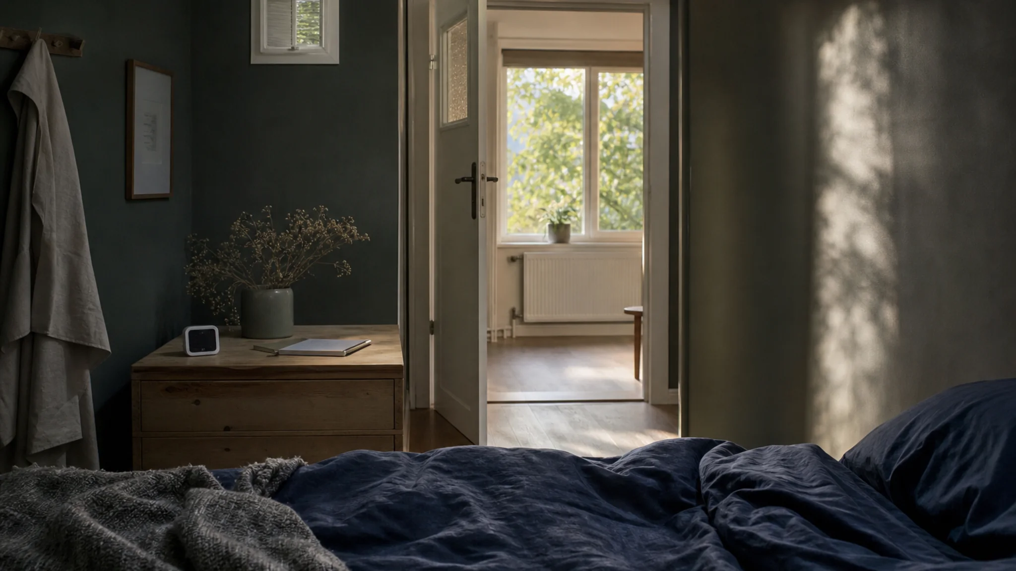 Slaapkamer met open luchtweg en CO2-meter op een representatieve plek
