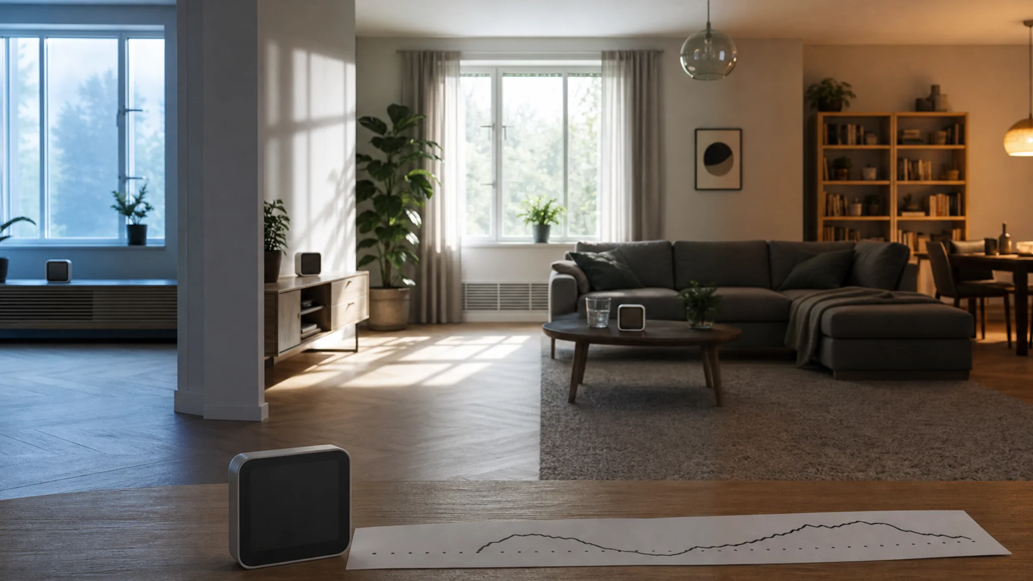 CO2-dagpatroon in een woonkamer van ochtend tot avond
