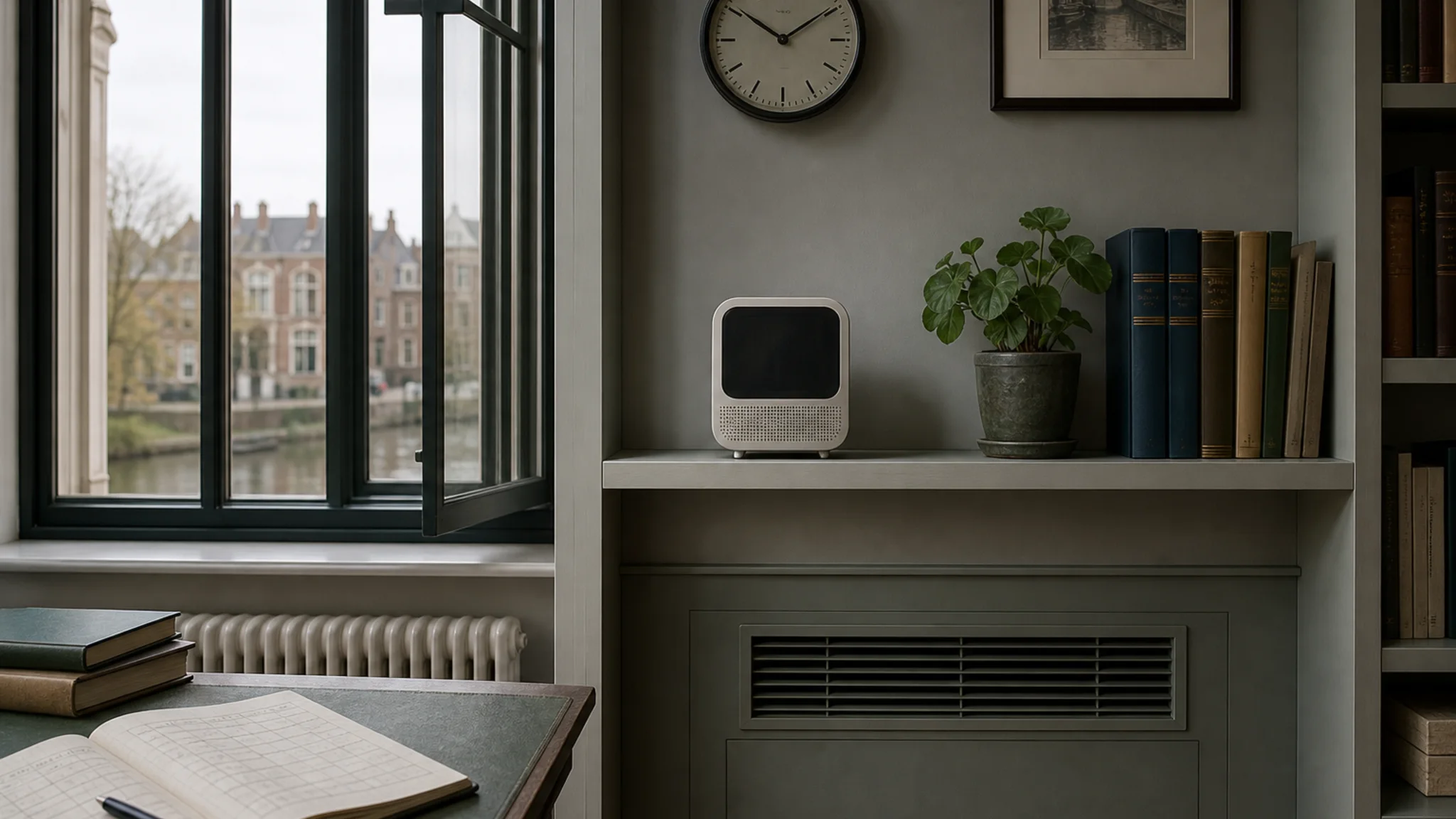Vermijdingsvoorbeeld met CO2-meter vlak bij raam radiator en rooster