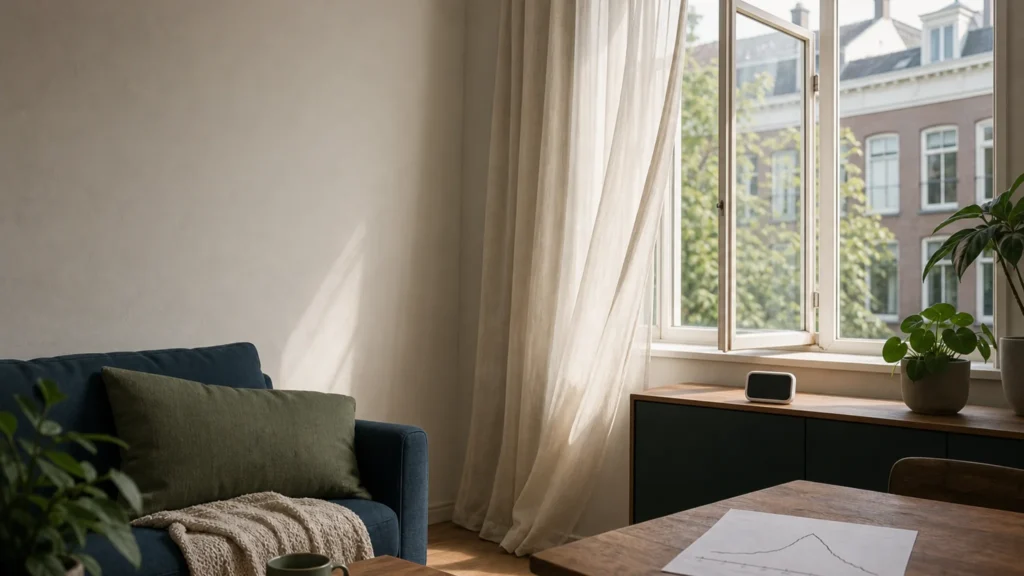 Open raam en CO2-meetroutine in een Nederlandse woonkamer