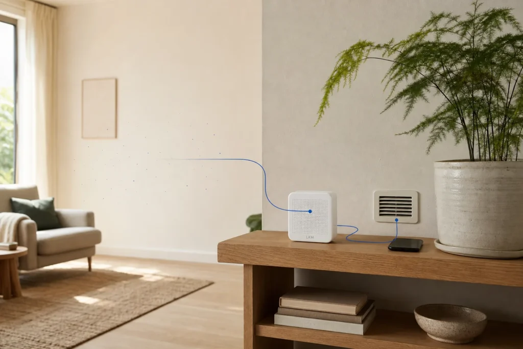 Conceptueel blauw signaalspoor tussen kamerlucht, een generieke meter, telefoon en ventilatie