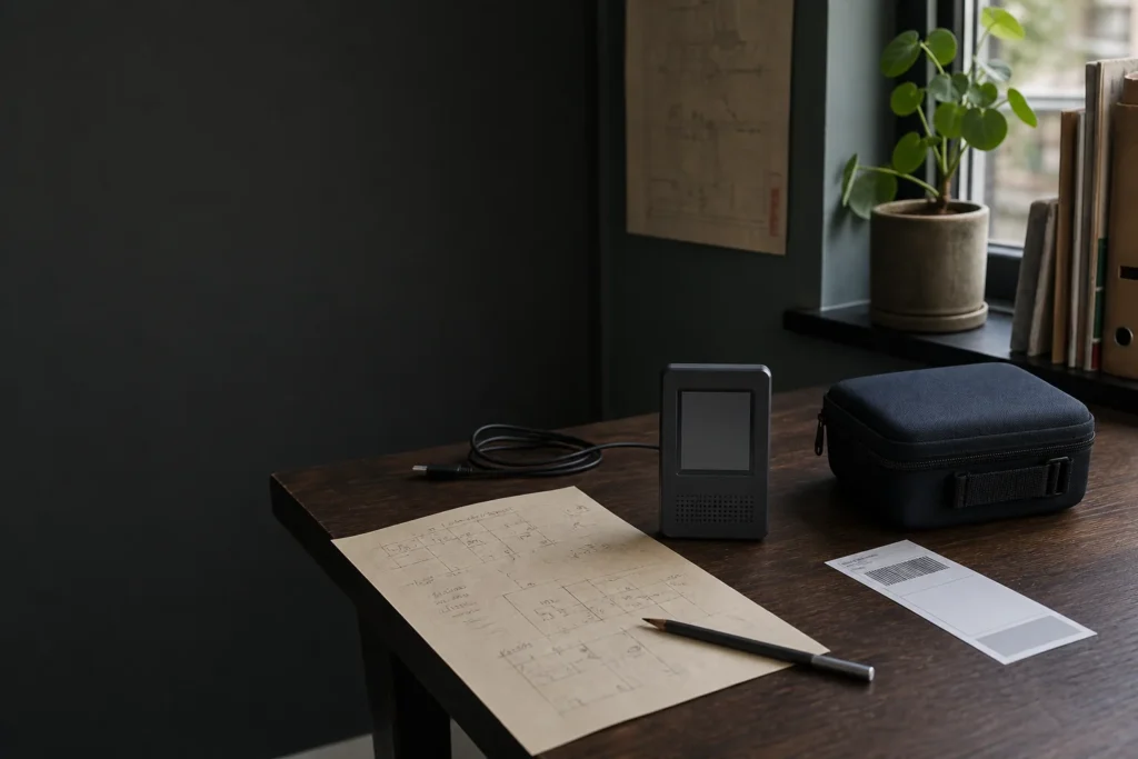 Veldtafel met generieke luchtkwaliteitsmeter, meetplan, transportkoffer en retourvoorbereiding