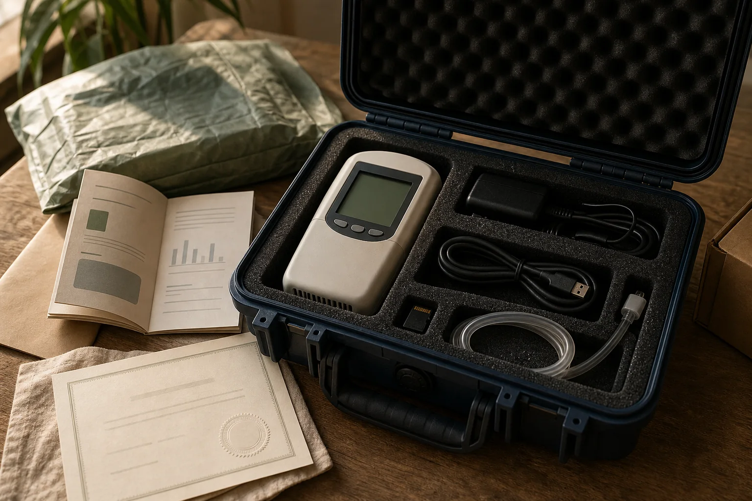Open transportkoffer met generieke luchtkwaliteitsmeter, voeding, datakabel, handleiding en documentplaats