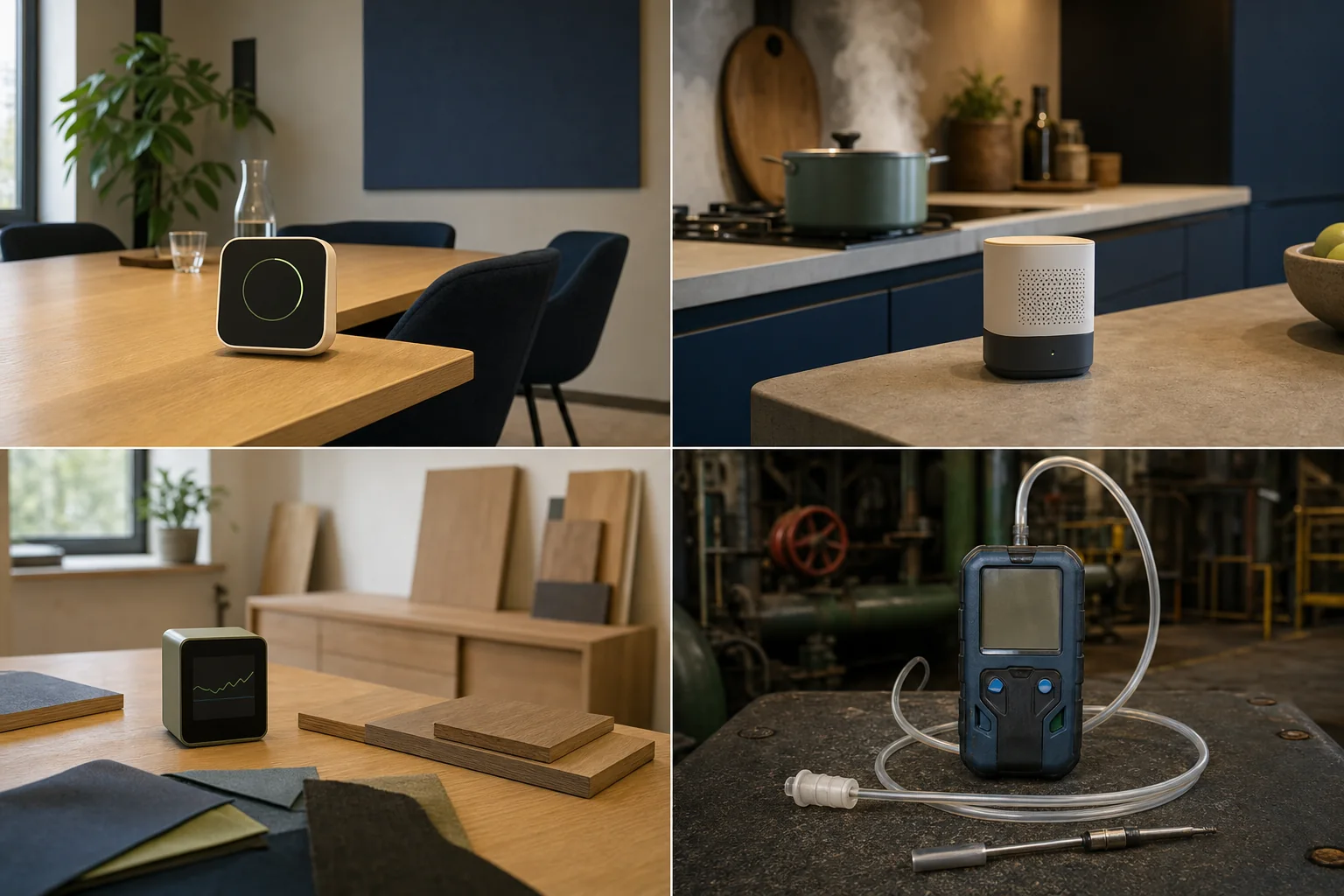 Vier afzonderlijke meetcontexten voor CO2, fijnstof, VOC of HCHO en professionele gasdetectie