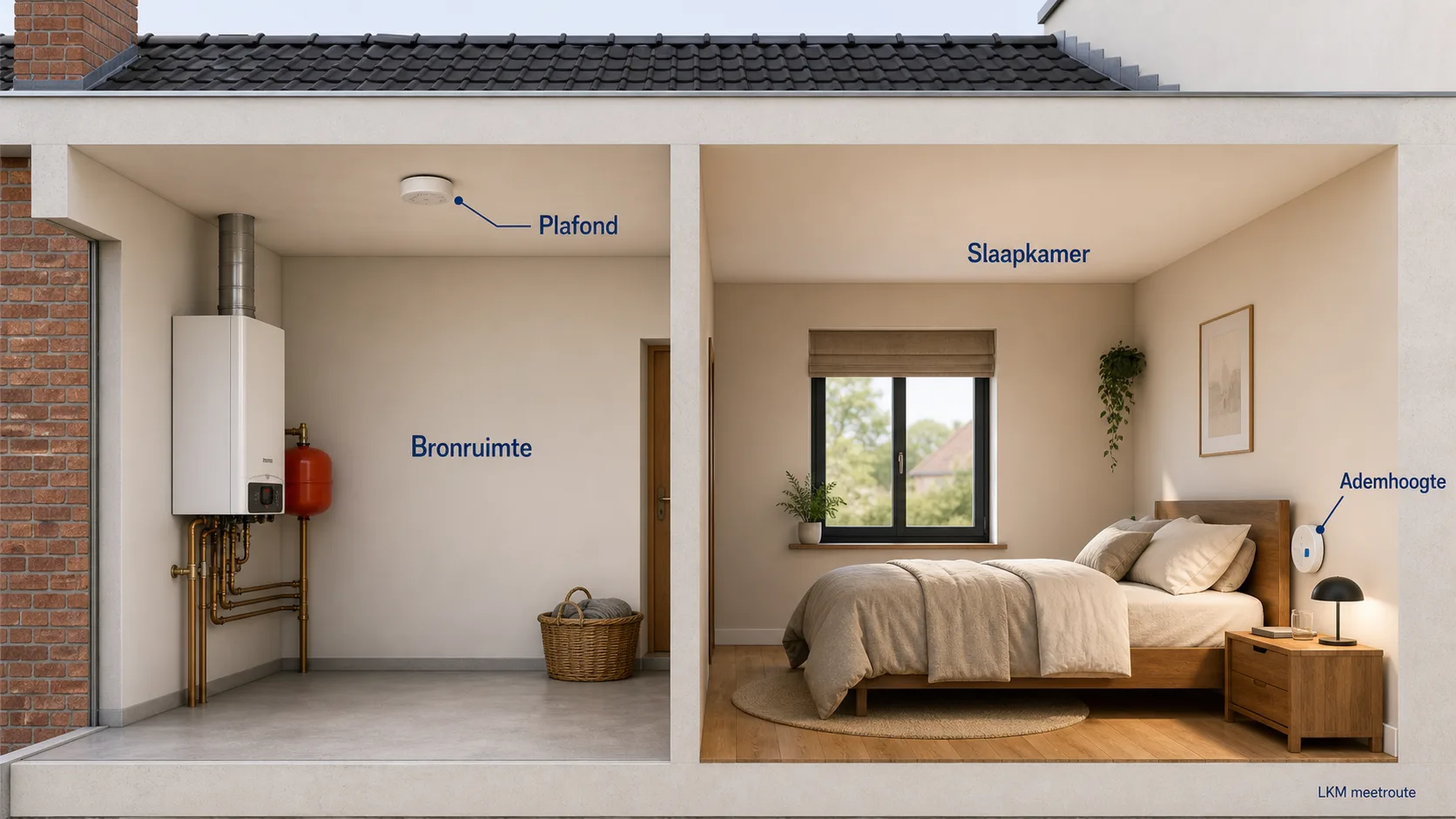 Woningdoorsnede met CO-melder aan het plafond in een bronruimte en op ademhoogte in een slaapkamer