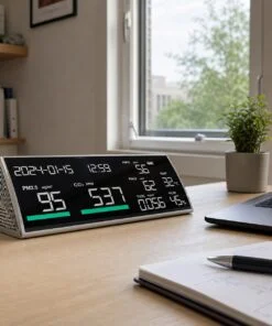 Sfeerbeeld van een luchtkwaliteitsmeter op een bureau naast een laptop en open raam