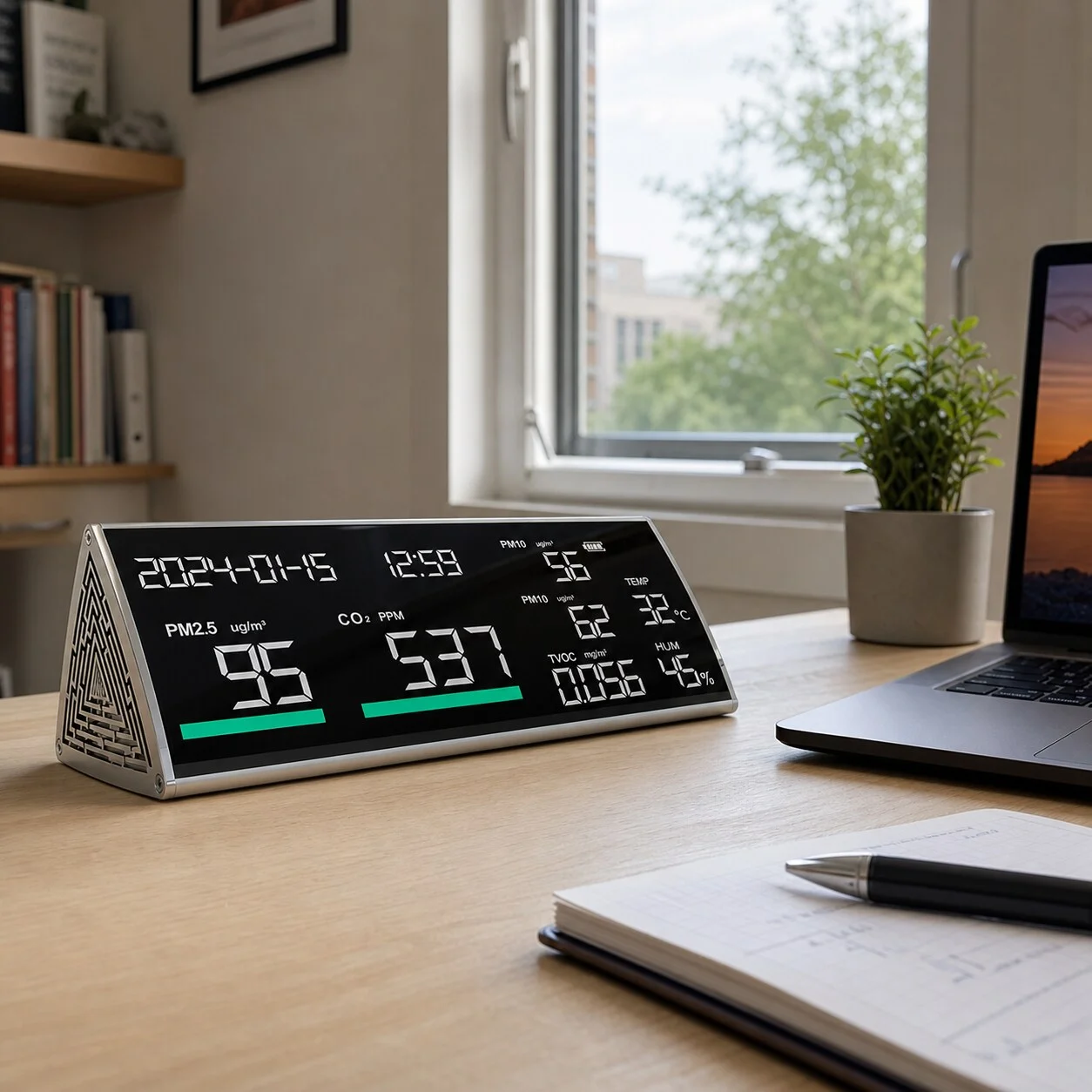 Sfeerbeeld van een luchtkwaliteitsmeter op een bureau naast een laptop en open raam