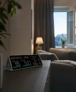 Sfeerbeeld van een luchtkwaliteitsmeter op ademhoogte in een woonkamer