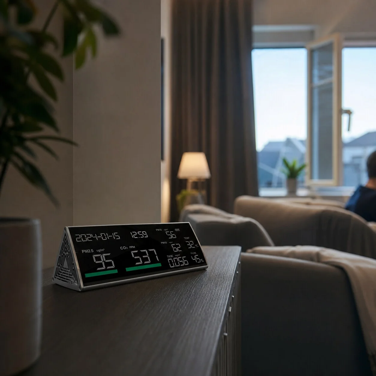 Sfeerbeeld van een luchtkwaliteitsmeter op ademhoogte in een woonkamer