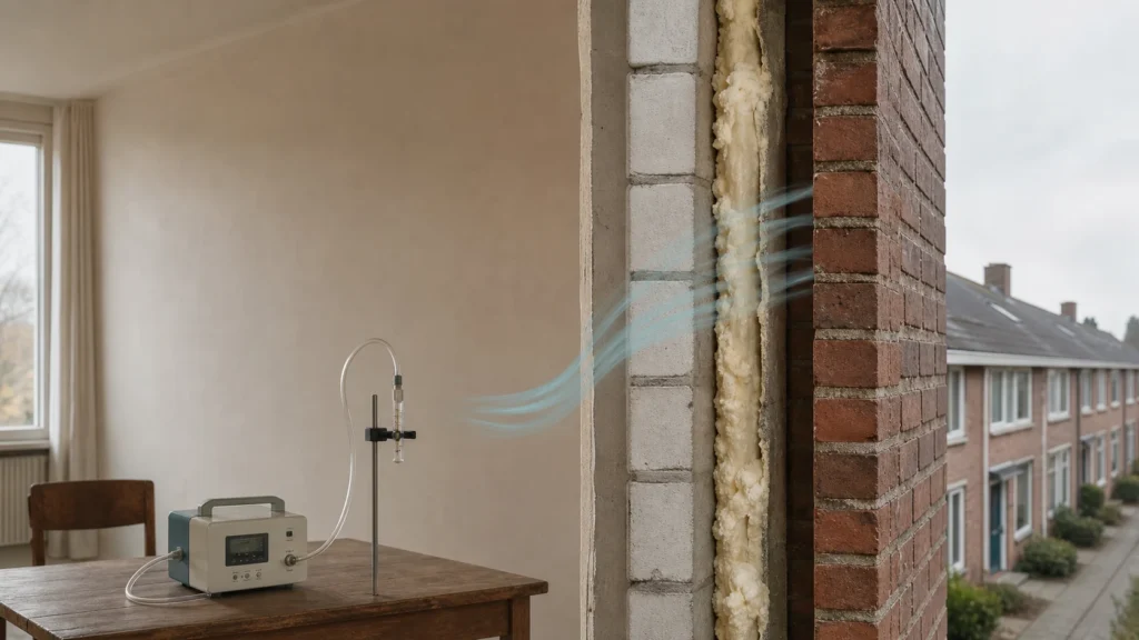 Woningdoorsnede met UF-schuim in de spouw en meetopstelling