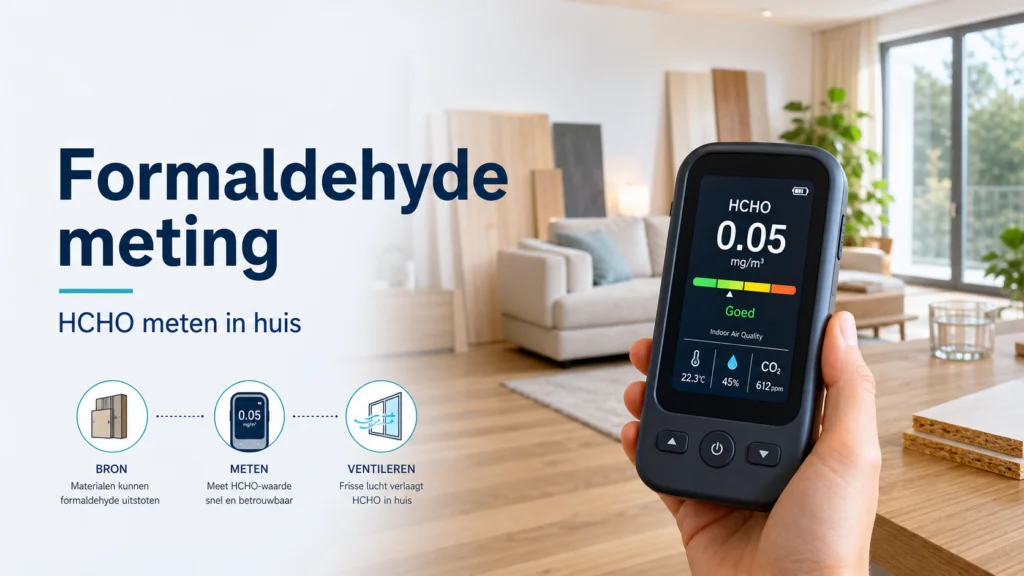 Formaldehyde Meting - visuele uitleg met luchtkwaliteitsmeter en meetwaarden