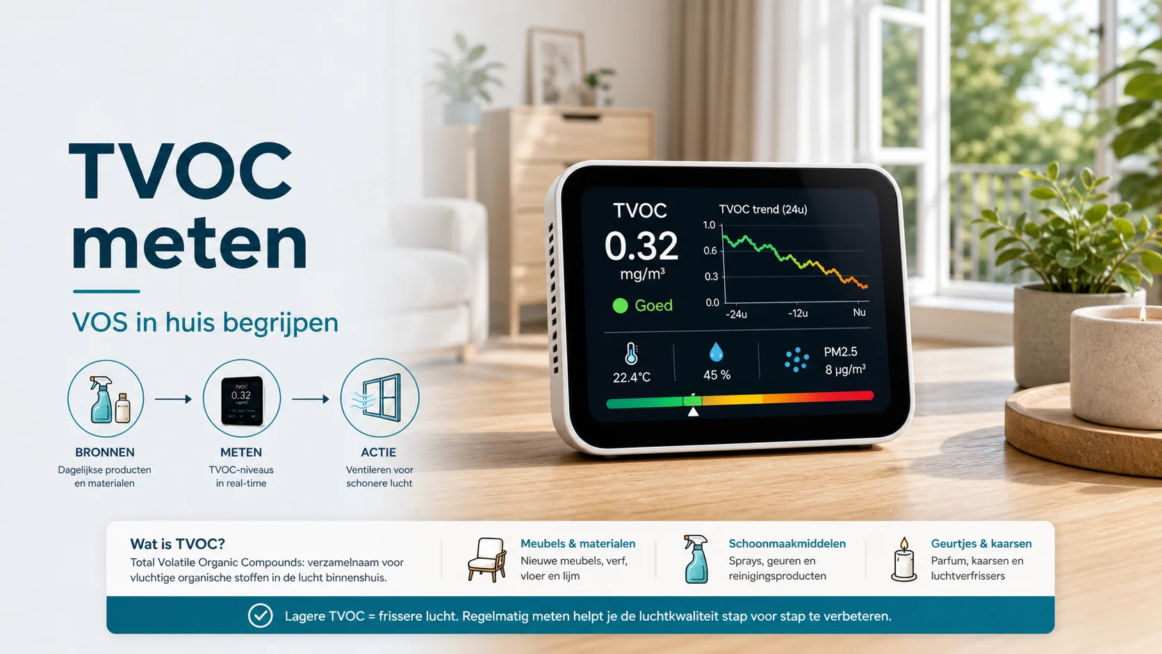 TVOC meten - visuele uitleg met luchtkwaliteitsmeter en VOS bronnen