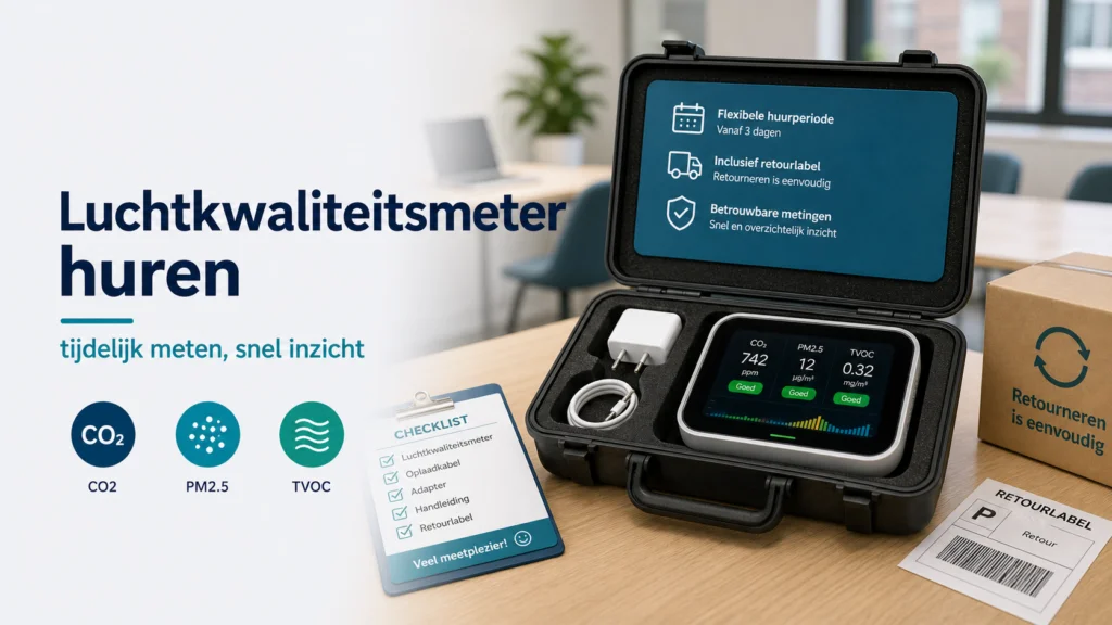 Luchtkwaliteitsmeter Huren: Tips voor Betere Luchtkwaliteit en Gezondheid - visuele uitleg met luchtkwaliteitsmeter en meetwaarden